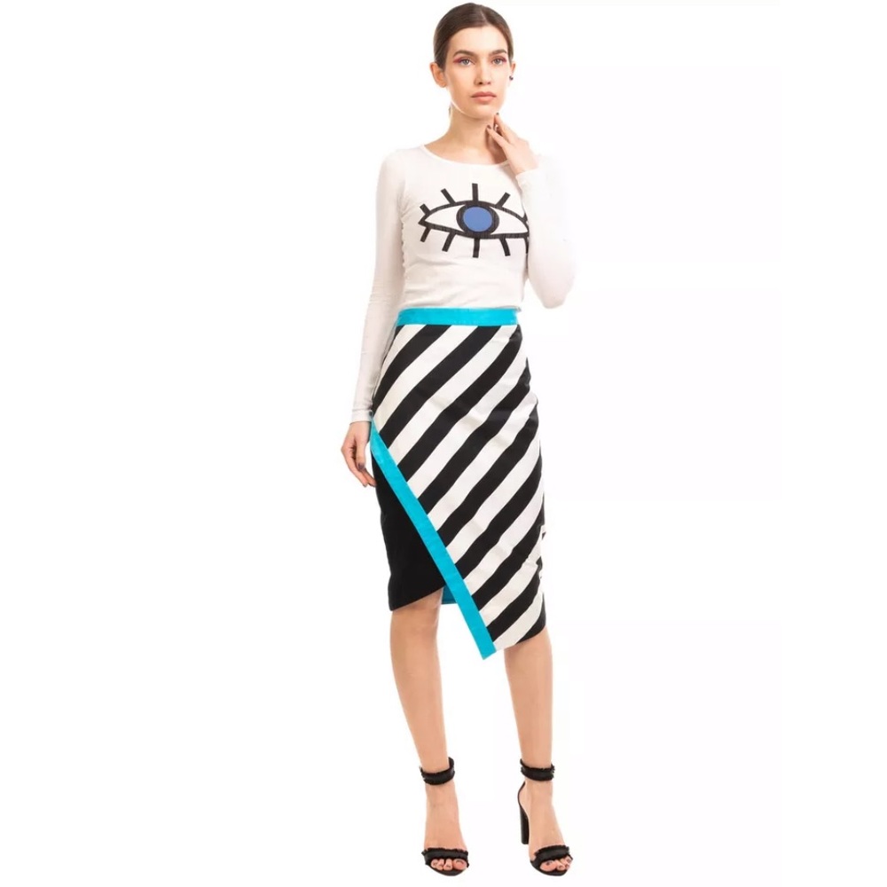 NEW MANGANO Pencil Skirt Striped Asymmetric Hem
